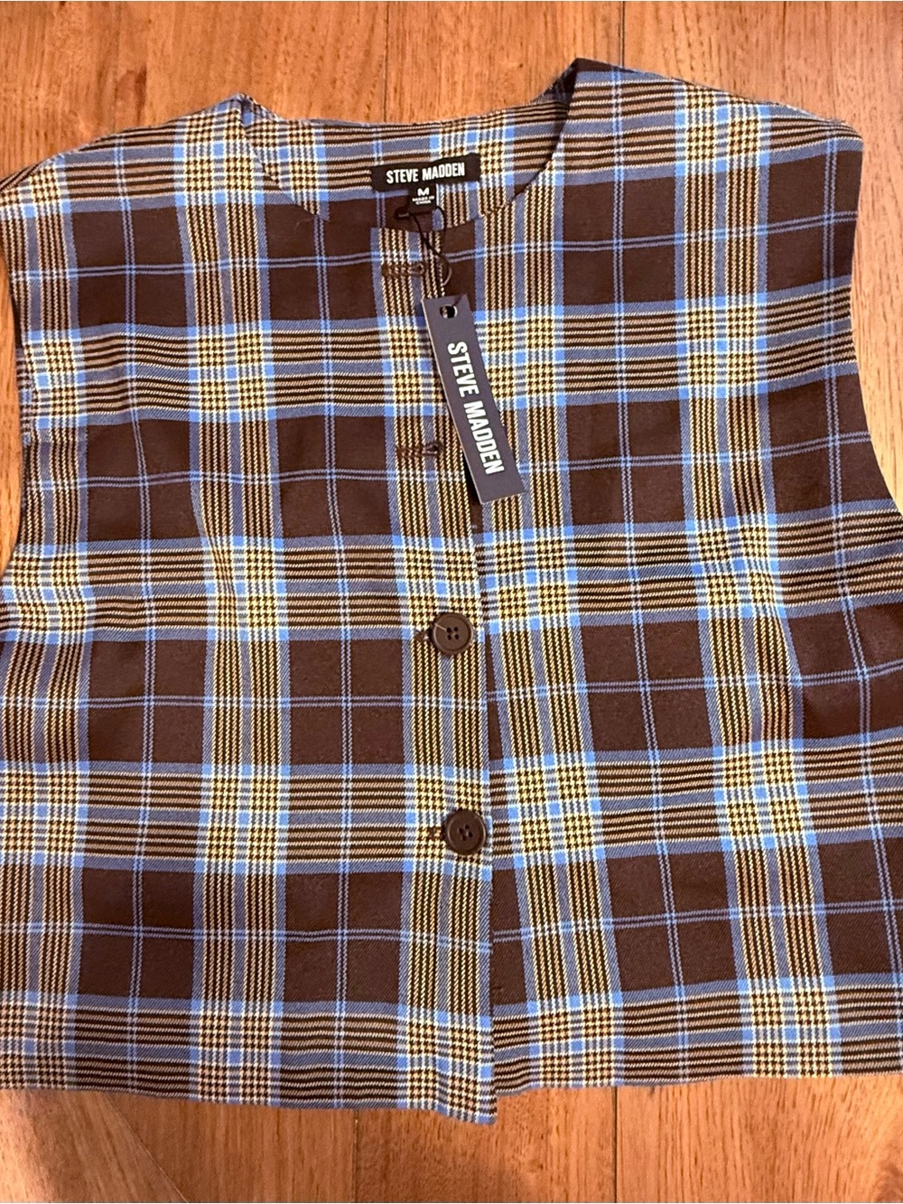 Steve Madden Brown Plaid Button-Front Vest with Blue and Cream Accents